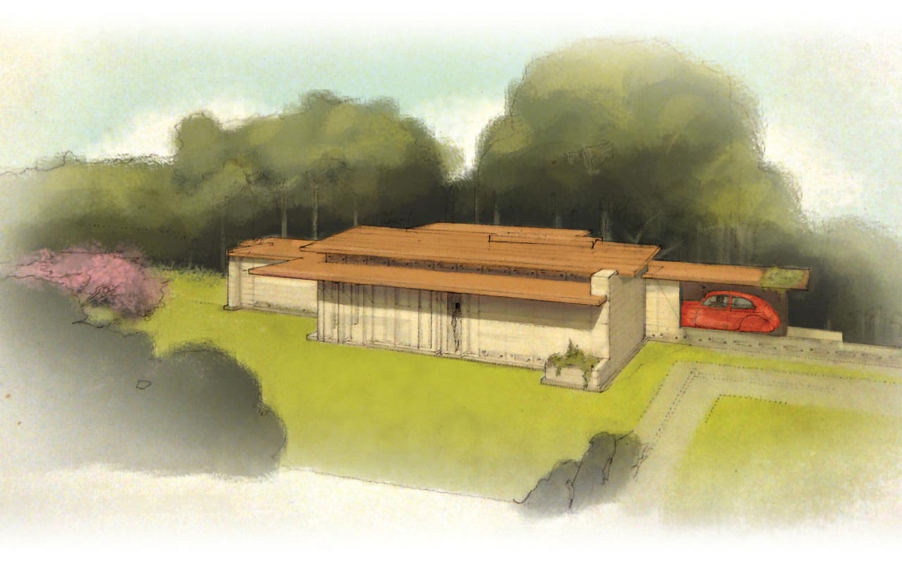 usonian house watercolor painting